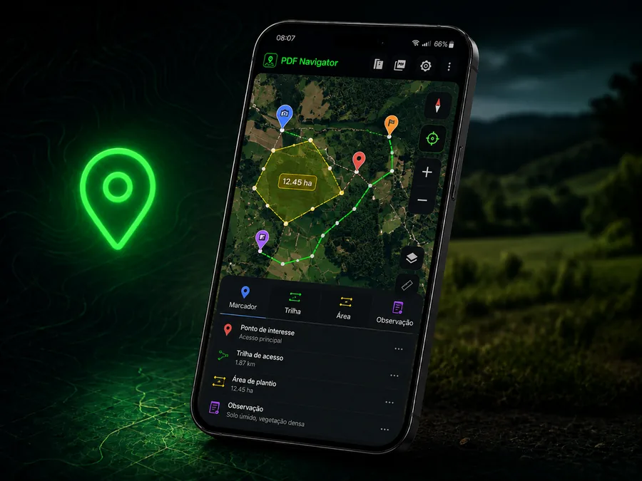 PDF Navigator mostrando marcadores, trilha e área registrada no mapa
