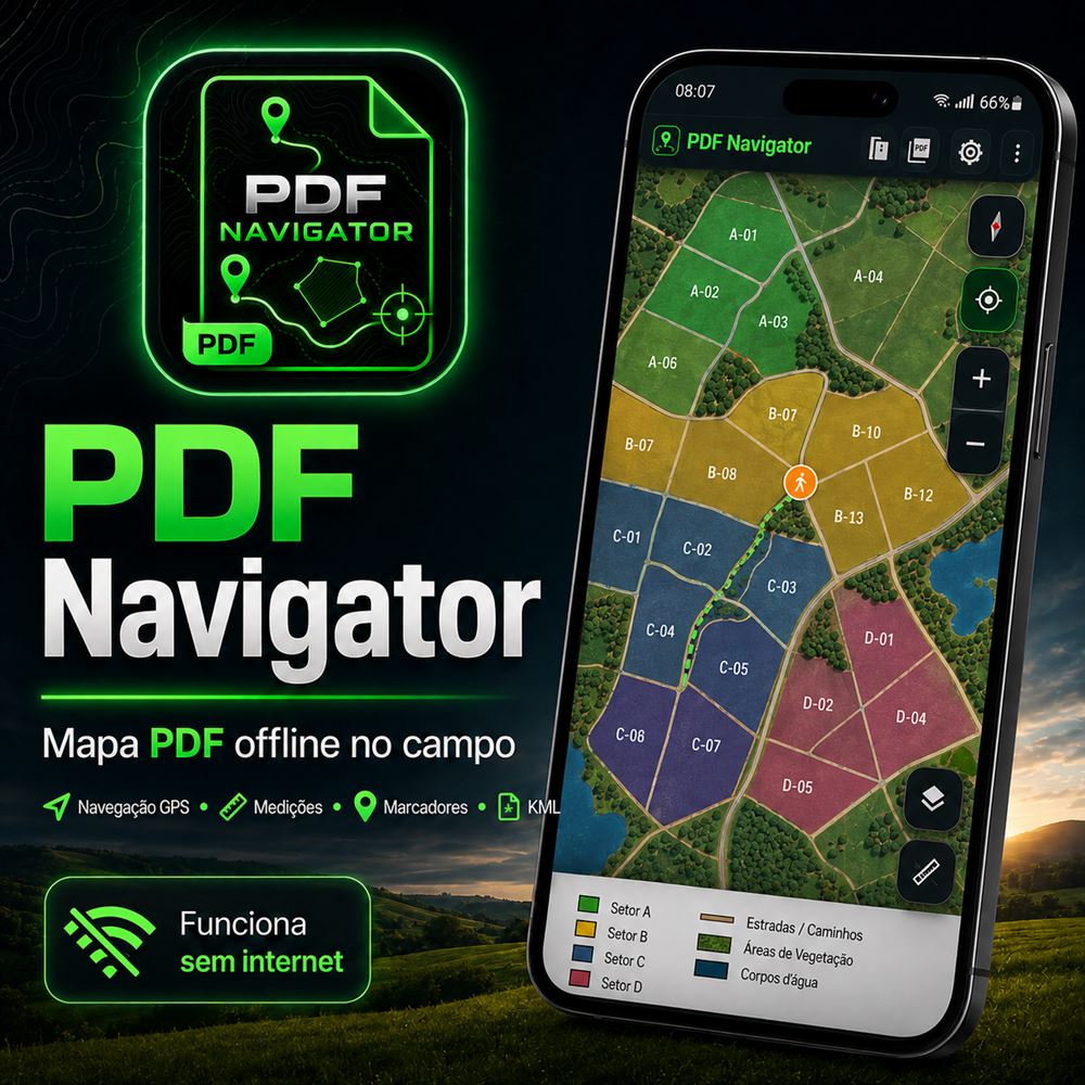 PDF Navigator aberto em um smartphone Android, exibindo um mapa GeoPDF dividido em setores com navegação por GPS